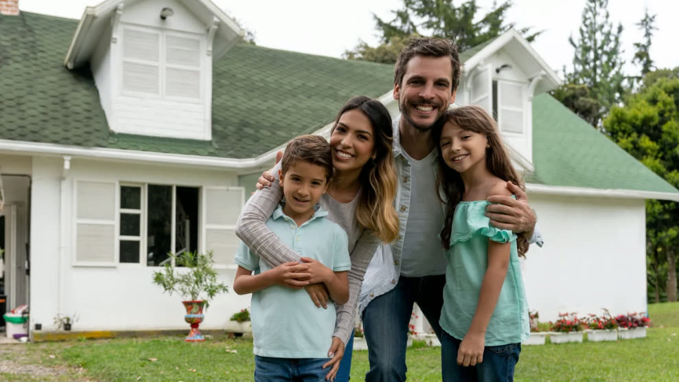 A family standing together in front of their home